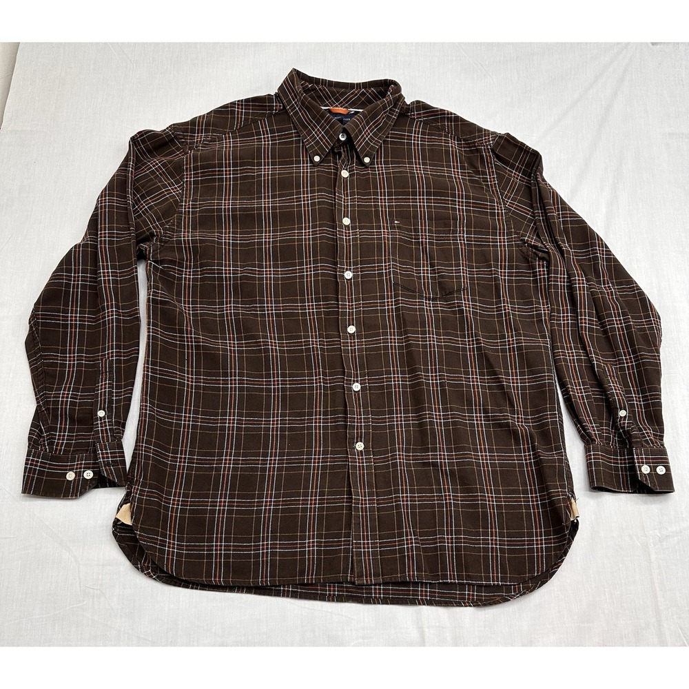 Tommy Hilfiger Mens Button Shirt Brown/Orange Stripe X-Large Cotton Long Sleeve